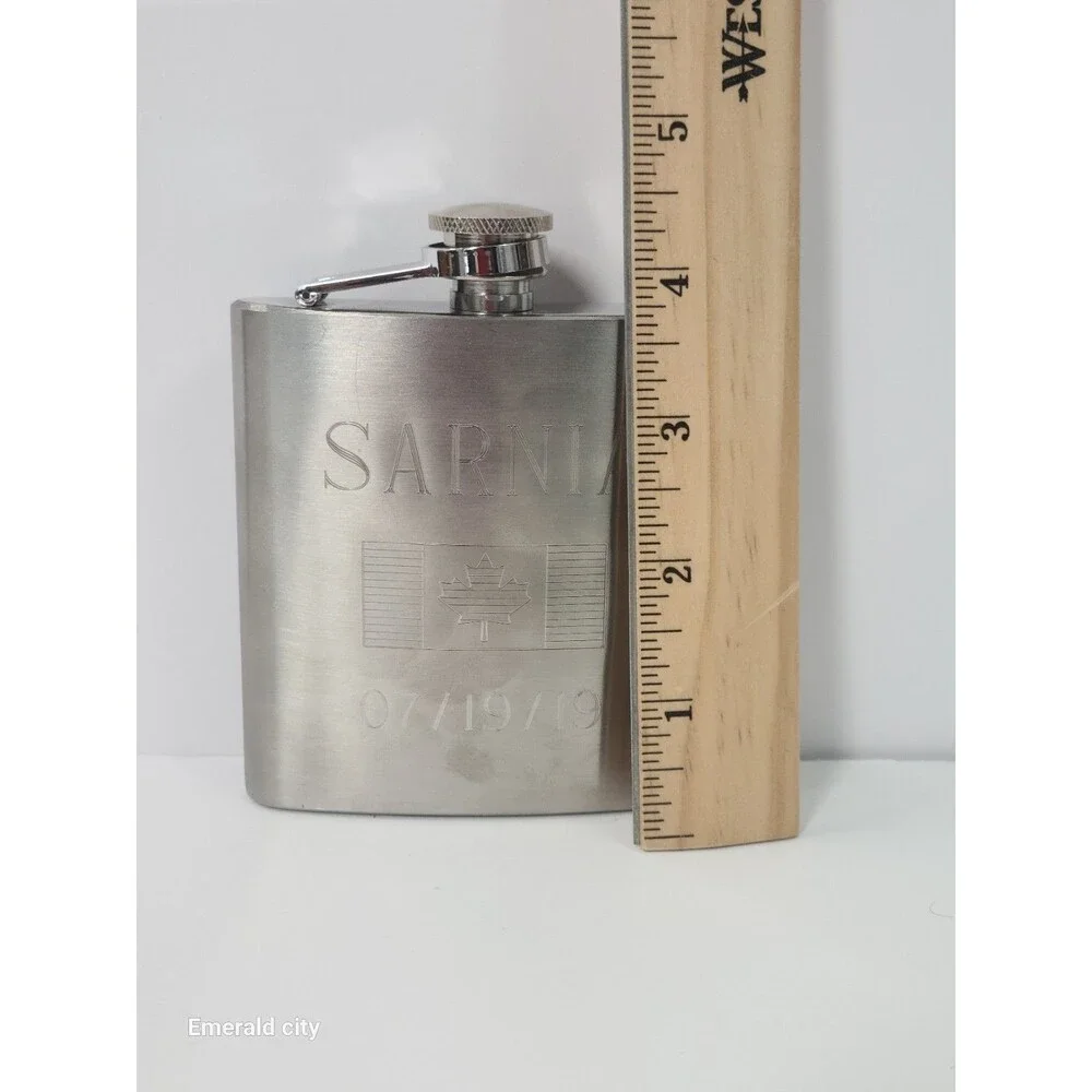 Vtg Sarnia Stainless Steel Hip Flask Engraved Canadian Flag Raised FU 8oz silver